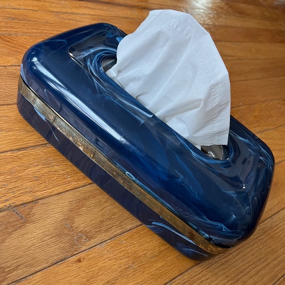 Vintage 90s Navy Blue Marbelled Plastic Tissue Box Cover - Picture 1 of 6